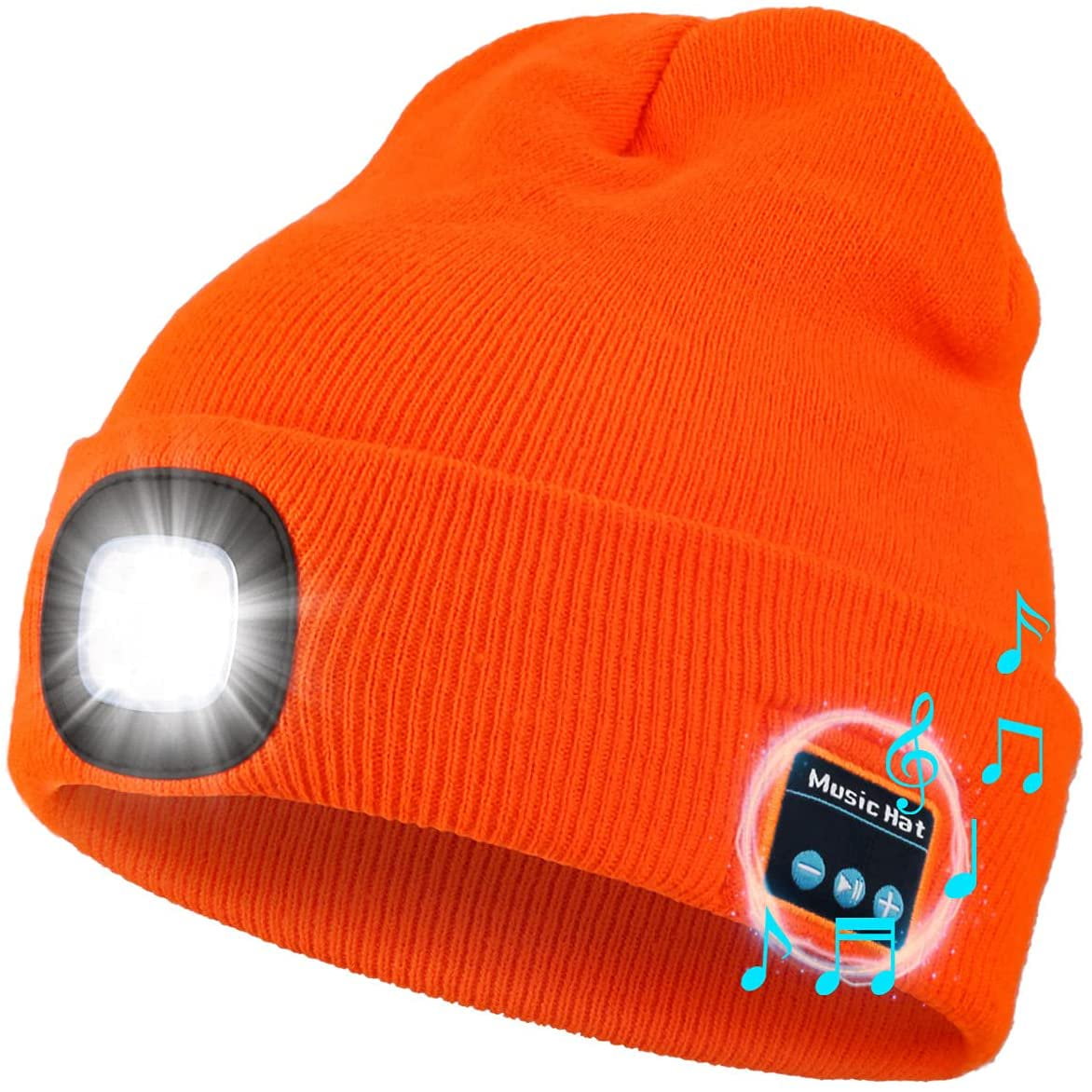 Morttic Bluetooth Beanie Hat with Light Unisex LED Cap with Headphones Built in Stereo Speakers Mic Christmas Gift for Men Women Dad Orange
