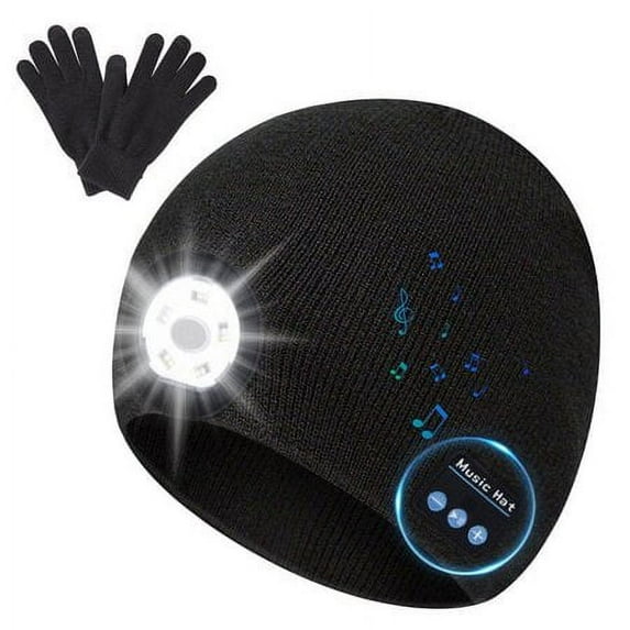 Morttic Bluetooth LED Beanie Hat with Gloves,Updated Rechargeable 5 LED Headlamp Cap with Wireless Headphones,Build in Mic,Unisex Knit Skull Cap Hats for Men Women Teen