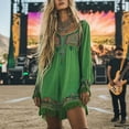 thumbnail image 1 of Morttic Bohemian Embroidered Lace Mini Dress for Women – V-Neck Loose Fit Long Sleeve, Ethnic Spring Fall Casual Dress Green，S, 1 of 2