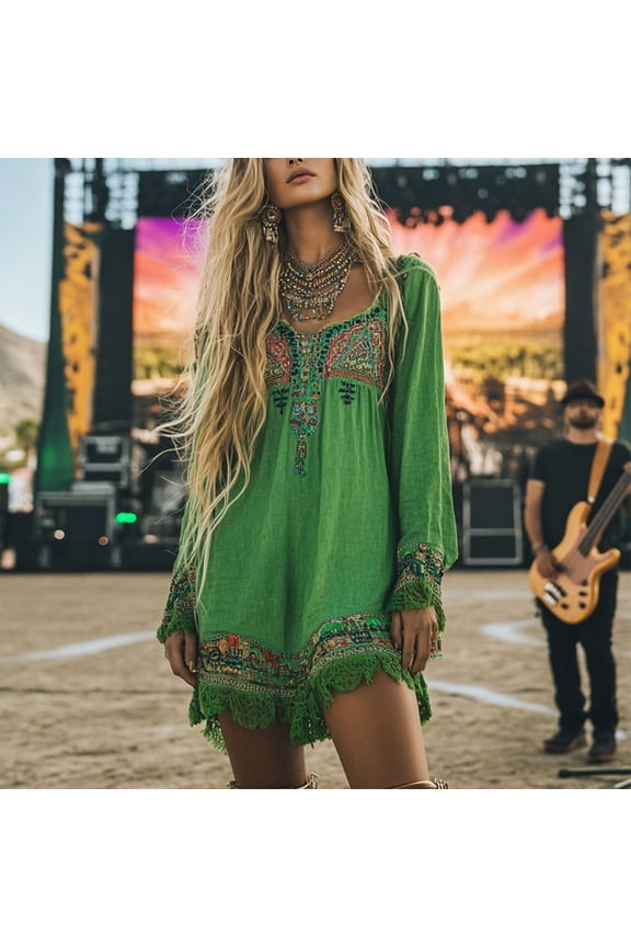 Bohemian Embroidered Lace Mini Dress for Women – V-Neck Loose Fit Long Sleeve, Ethnic Spring Fall Casual Dress Green，XL