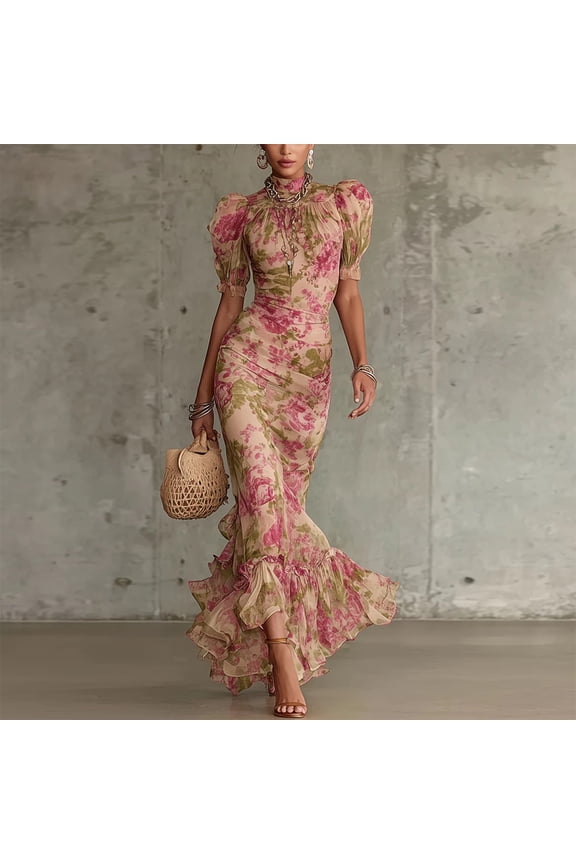 Bohemian Floral Print Dress for Women – High Neck Bubble Sleeve, Slim-Fit Flowing with Ruffled Hem Pink,M