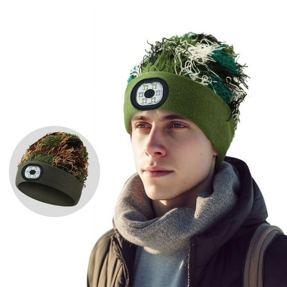 Morttic Camouflage LED Beanie with Light  USB Rechargeable Hands Free LED Headlamp Hat  Knitted Night Light Beanie Cap Flashlight Hat