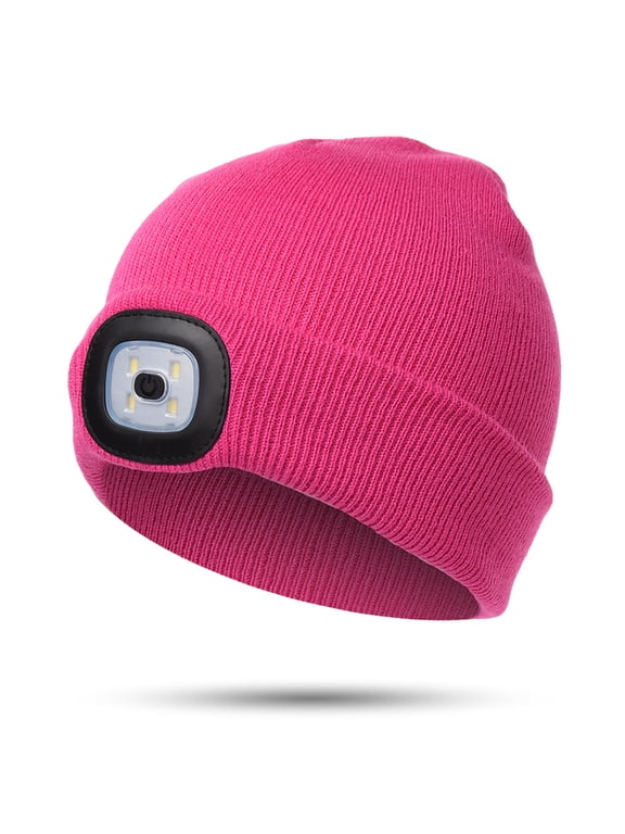 Children Headlight Cap 4 LED Night Lighting Beanie Hat with Light USB Rechargeable Hat High Brightness Ultra Soft Clothing (Rose)
