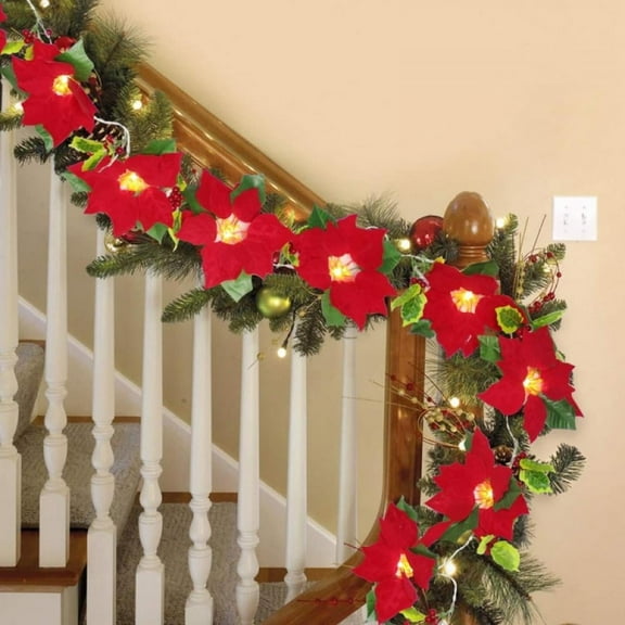 Morttic Christmas Poinsettia Garland with Red Berries and Holly Leaves Artificial Flower Xmas String Lights, Battery Operated Waterproof Cordless Indoor & Outdoor Decorations