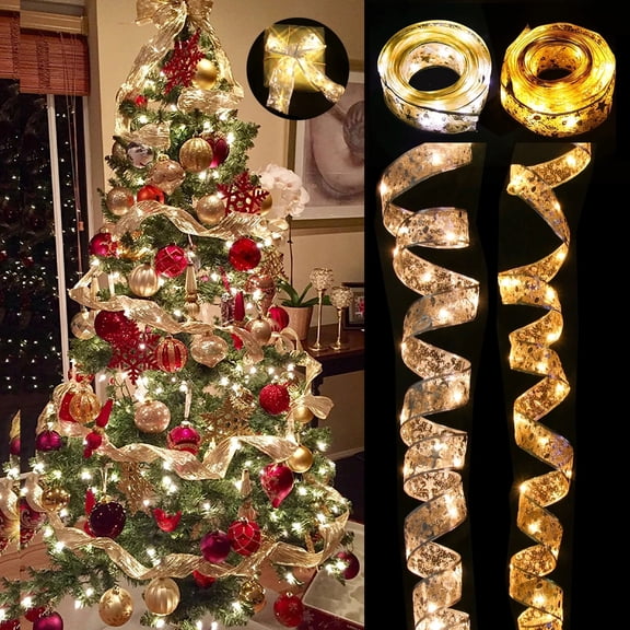 Morttic Christmas Ribbon Lights,13ft 40 LED Decoration Glow Ribbon Lights for Christmas Tree, DIY Lace Bow Battery Operated Xmas Tree Holiday Indoor Outdoor Hanging Decor (Sliver,Colorful Light)