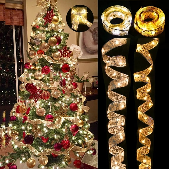 Morttic Christmas Ribbon Lights,16.4ft 50 LED Decoration Glow Ribbon Lights for Christmas Tree, DIY Lace Bow Battery Operated Xmas Tree Holiday Indoor Outdoor Hanging Decor (Gold,White Light)