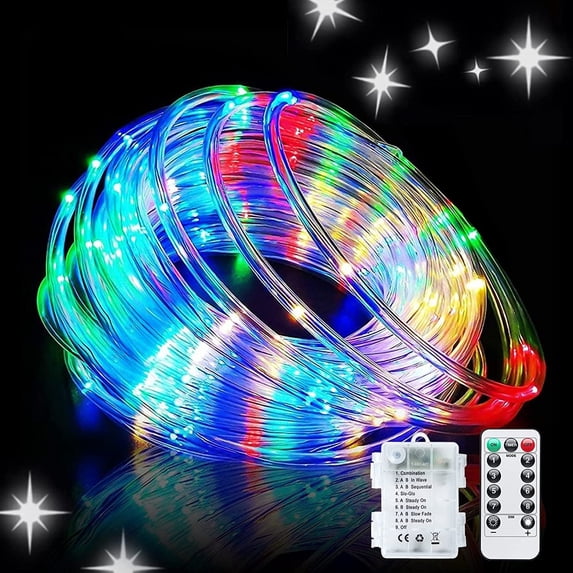 Morttic Christmas String Lights, Waterproof 40ft 100 LED 8 Mode Battery Powered Rope Lights with Remote for Home Garden Party Xmas New Year Decor