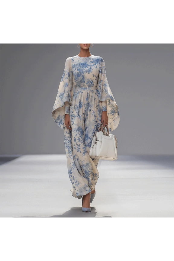 Elegant Floral Maxi Dress for Women–High Waist A-Line Silhouette, Round Neck Long Flared Sleeves Vacation Dress White&Blue，M