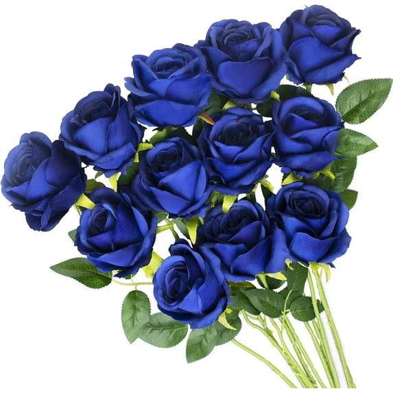 Morttic Fake Flowers 12Pcs Blue Roses Artificial Flowers in Bulk with Long Stem Realisitic Silk Roses for Centerpieces Baby Shower Party Home Valentine's Day Decorations, Navy Blue