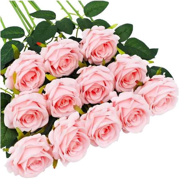 Morttic Fake Roses 12Pcs Pink Roses Fake Flowers Real Looking Silk Artificial Flowers with Long Stem in Bulk Bouquets for Home Party Centerpiece Valentine's Day Decorations, Pink