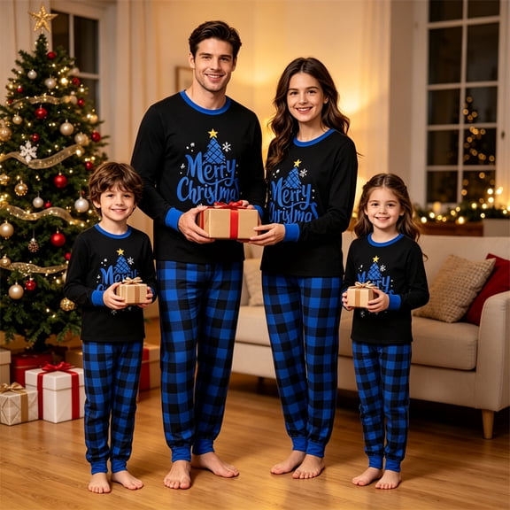 Morttic Family Matching Christmas Pajama Set – Christmas Tree & Letter Print Top, Black Blue Plaid Pants Holiday Sleepwear Dad，S
