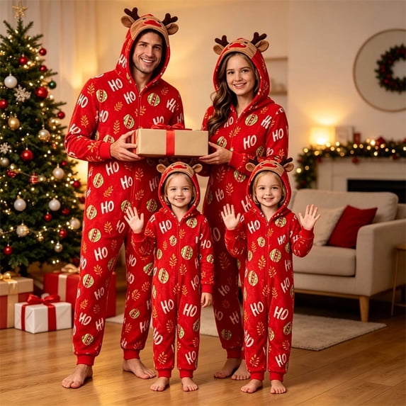 Morttic Family Reindeer Hood Letter Print Matching Christmas Onesie – Full Zip Long Sleeve & Pants Romper Holiday Loungewear Dad,S
