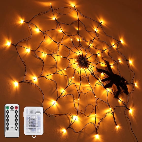 Morttic Halloween Decorations Lights, 3.3FT Diameter, Orange 70LED Spider Web Lights with Plush Black Spider, Remote Control for Party Yard Bar Haunted House