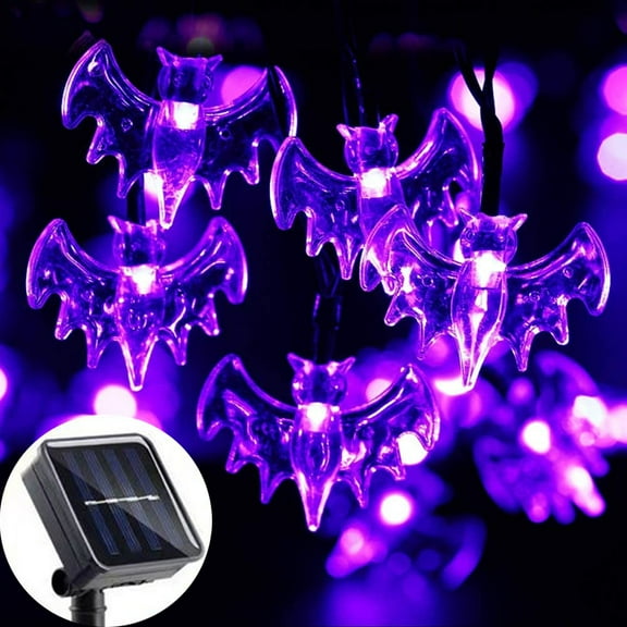 Morttic Halloween String Lights, 16.4ft 20 LED Purple Bats Waterproof Solar Lights for Halloween Decor, Patio, Lawn, Garden, Yard