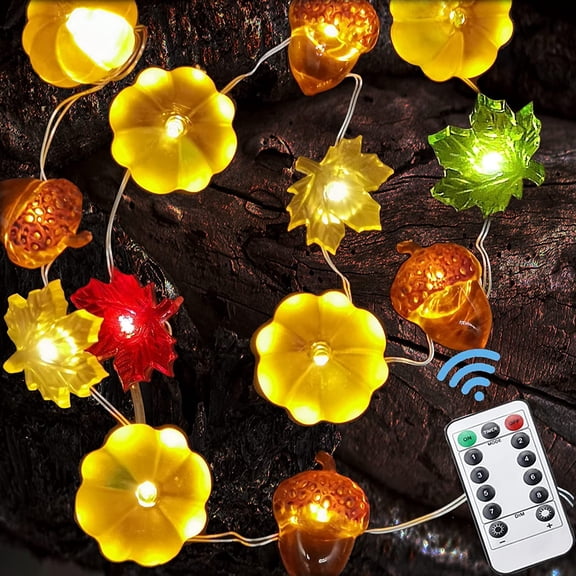 Morttic Halloween Thanksgiving Decoration 10ft 30 LED 3D Pumpkin Maple Leaf Acorn Battery Operated String Lights with Remote Control Lights Garland for Indoor Outdoor Fall Autumn Thanksgiving Party