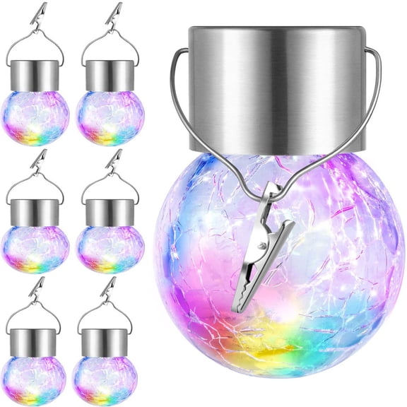 Morttic Hanging Solar Lights Outdoor, 6 Pack Solar Lanterns Cracked Glass Ball Light, Decorative Globe Light Tree Hanging Waterproof with Hook for Garden, Tree, Holiday Decoration, Color-Changing