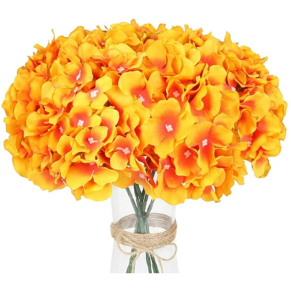 Morttic Hydrangea Silk Flowers Heads Orange Pack of 10 Full Hydrangea Flowers Artificial with Stems for Wedding Home Party Shop Baby Shower Decor
