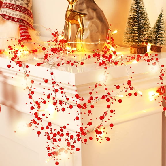 Morttic Indoor Christmas Lighted Berry Decorations 2 Pieces Festive Lighted Berry Beaded Garland Xmas Tree Berry Garland Branch Wreath for Outdoor Home Mantel Fireplace Holiday Decor, 10 Feet (Red)