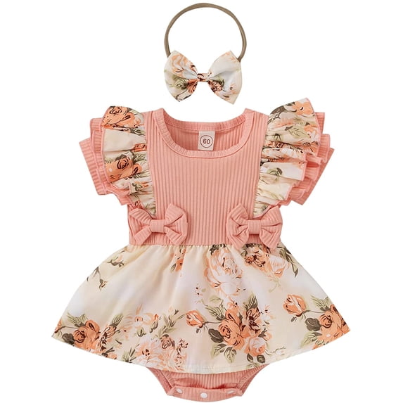 Morttic Infant Baby Girl Summer Clothes Short Sleeve Floral Ruffled Dress with Headband Outfit Set