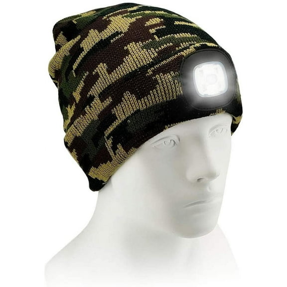 Morttic Knitted Beanie With Built-In 4 LED Flashlight Beanie Winter Hat Winter Cap USB Rechargeable Flashlight for Hunting, Camping, Grilling, Auto Repair (Camouflage Green)