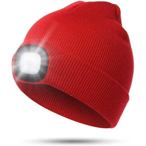 Morttic Knitted Beanie With Built-In 4 LED Flashlight Beanie Winter Hat Winter Cap USB Rechargeable Flashlight for Hunting, Camping, Grilling, Auto Repair (Red)