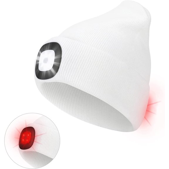 Morttic LED Beanie Hat with 2 Lights, Unisex LED Beanie Cap Rechargeable Hands Free 3 Modes Brightness LED Headlamp Cap Soft Winter Knitted Warm Hat for Walking Running Camping Hunting (White)