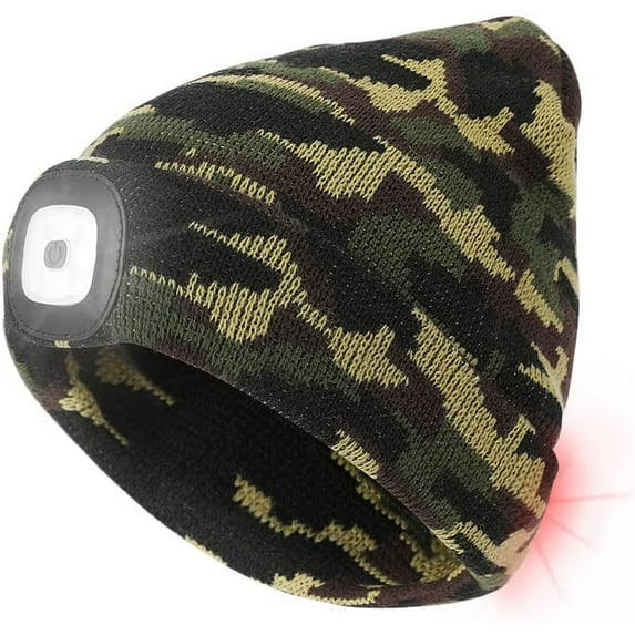 Morttic LED Beanie Hat with 2 Lights, Unisex LED Beanie Cap Rechargeable Hands Free 3 Modes Brightness LED Headlamp Cap Soft Winter Knitted Warm Hat for Walking Running Camping Hunting (Camouflage)