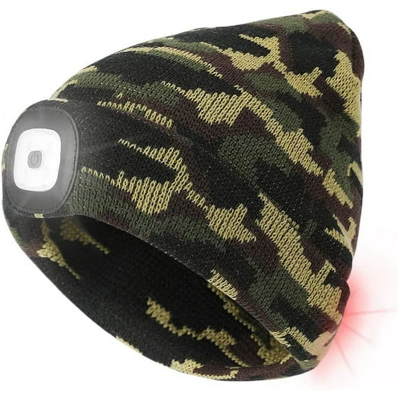 Morttic LED Beanie Hat with 2 Lights, Unisex LED Beanie Cap Rechargeable Hands Free 3 Modes Brightness LED Headlamp Cap Soft Winter Knitted Warm Hat for Walking Running Camping Hunting (Camouflage)