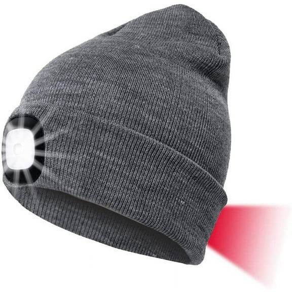 Morttic LED Beanie Hat with 2 Lights, Unisex LED Beanie Cap Rechargeable Hands Free 3 Modes Brightness LED Headlamp Cap Soft Winter Knitted Warm Hat for Walking Running Camping Hunting (Gray)