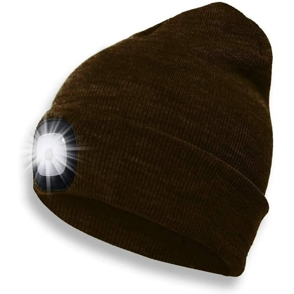 Morttic LED Beanie Hat with Light, USB Rechargeable 4 LED Headlamp Cap, Warm Winter Knitted Hat with LED Flashlight for Men Women Hiking, Biking, Camping (Coffee)