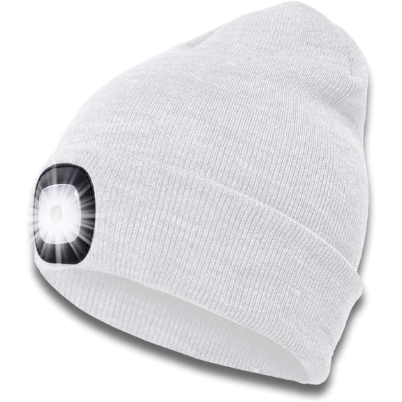 Morttic LED Beanie Hat with Light, USB Rechargeable 4 LED Headlamp Cap, Warm Winter Knitted Hat with LED Flashlight for Men Women Hiking, Biking, Camping (White)