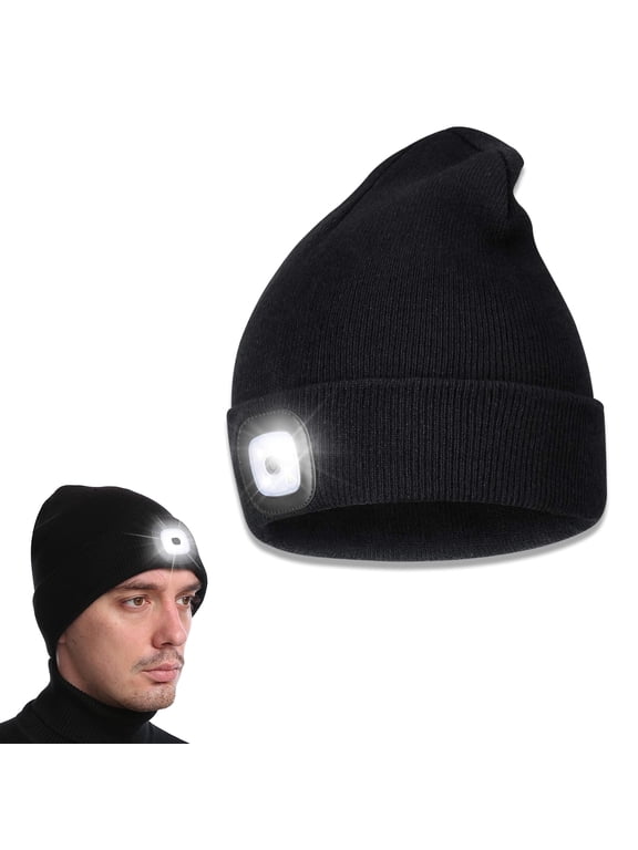 LED Beanie Hat with Headlight, Unisex USB Rechargeable 4 LED Knitted Cap, Winter Warm Headlamp Beanie Hat for Men Women Gifts (Black)