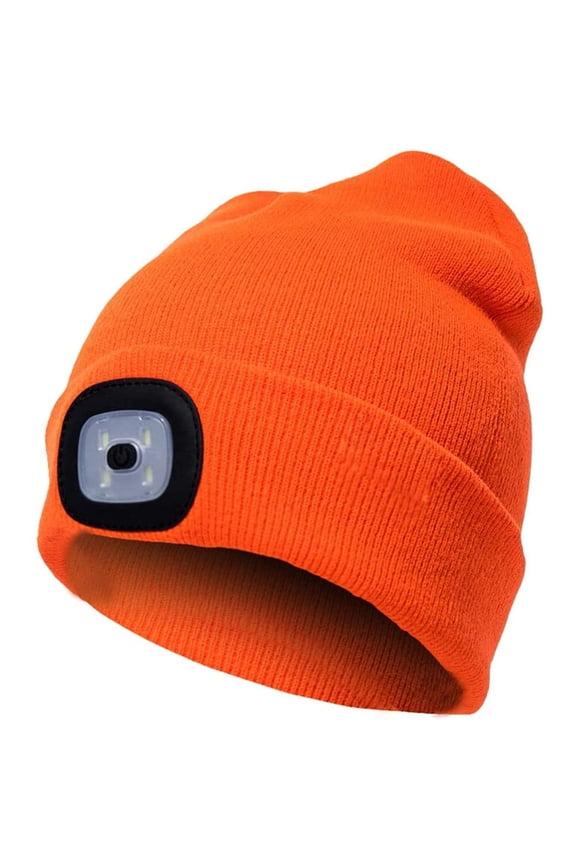 LED Beanie Hat with Headlight, Unisex USB Rechargeable 4 LED Knitted Cap, Winter Warm Headlamp Beanie Hat for Men Women Gifts (Orange)