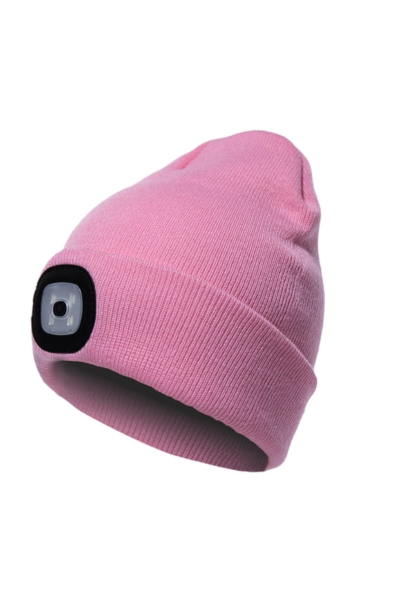 LED Beanie Hat with Headlight, Unisex USB Rechargeable 4 LED Knitted Cap, Winter Warm Headlamp Beanie Hat for Men Women Gifts (Pink)