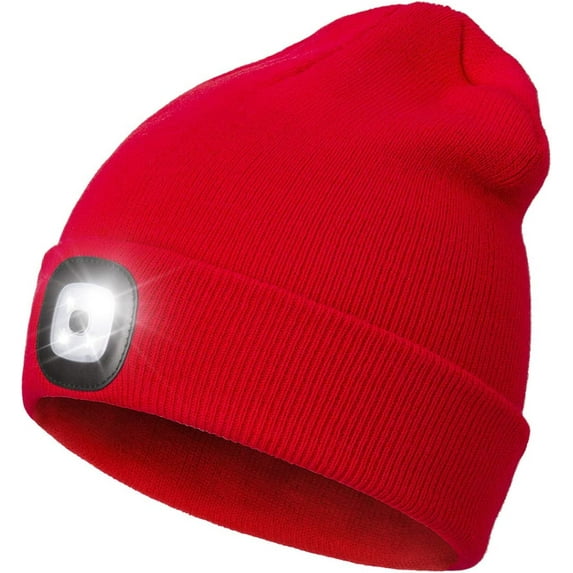 Morttic LED Beanie Hat with Light, Rechargeable Headlamp Cap, Unisex Winter Warm Knitted Hats, Headlight Flashlight for Running Hiking Camping (Red)