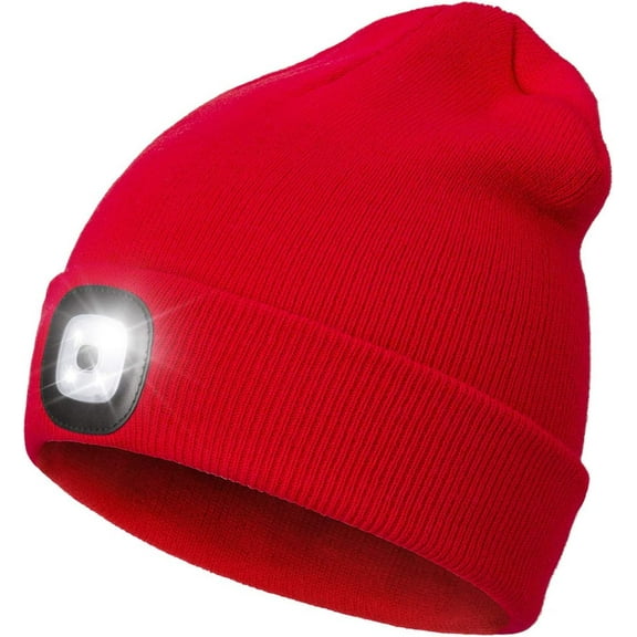 Morttic LED Beanie Hat with Light,Unisex 4 LED USB Rechargeable Headlamp Knitted Cap Flashlight Head Lights Hat Women Men Gift (Red)