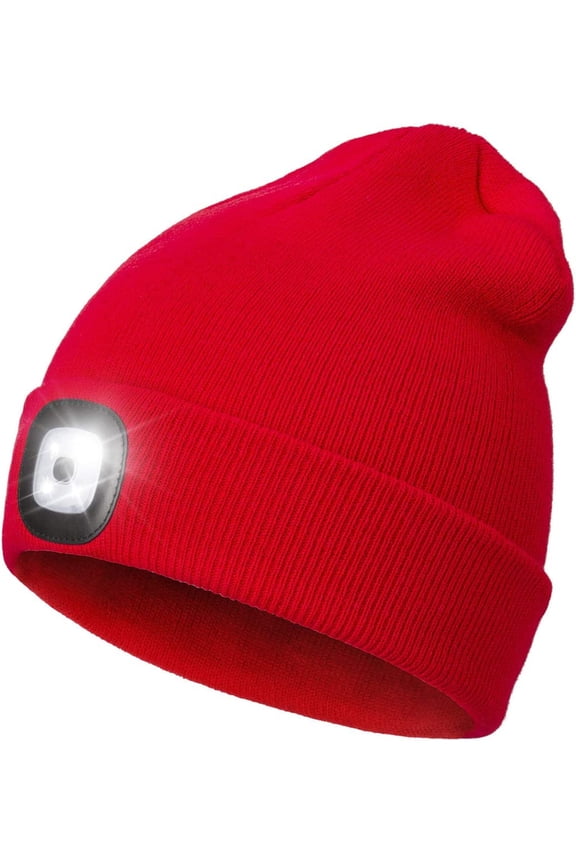 Unisex Beanie Hat with LED, USB Rechargeable Light Hat with Adjustable Brightness Soft Material Winter Warm Knit Lighted Hats for Running Hunting Camping (Red)