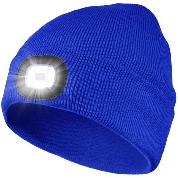 Morttic LED Beanie Hat with Light,Unisex 4 LED USB Rechargeable Headlamp Knitted Cap Flashlight Head Lights Hat Women Men Gift (Blue)