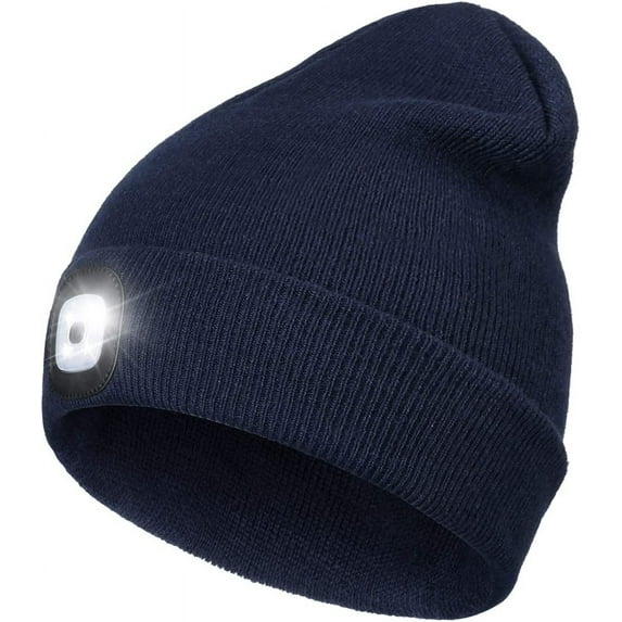 Beanie Hat with LED Light, USB Rechargeable Hands Free Headlamp Winter Warm Knitted Cap, Flashlight Head Lights Hat Torch Skull Cap For Women Men Gifts for Camping Fishing Hiking (Navy Blue)