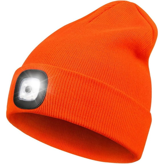 Morttic LED Beanie Hat with Light, Unisex USB Rechargeable Headlamp Cap Adjustable Brightness for Outdoor Sports Camping Hiking (Orange)