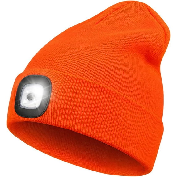 Morttic LED Beanie Hat with Light, Unisex USB Rechargeable Headlamp Cap Adjustable Brightness for Outdoor Sports Camping Hiking (Orange)