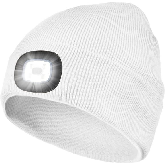 Morttic LED Beanie Hat with Light, Unisex USB Rechargeable Headlamp Cap Adjustable Brightness for Outdoor Sports Camping Hiking (White)