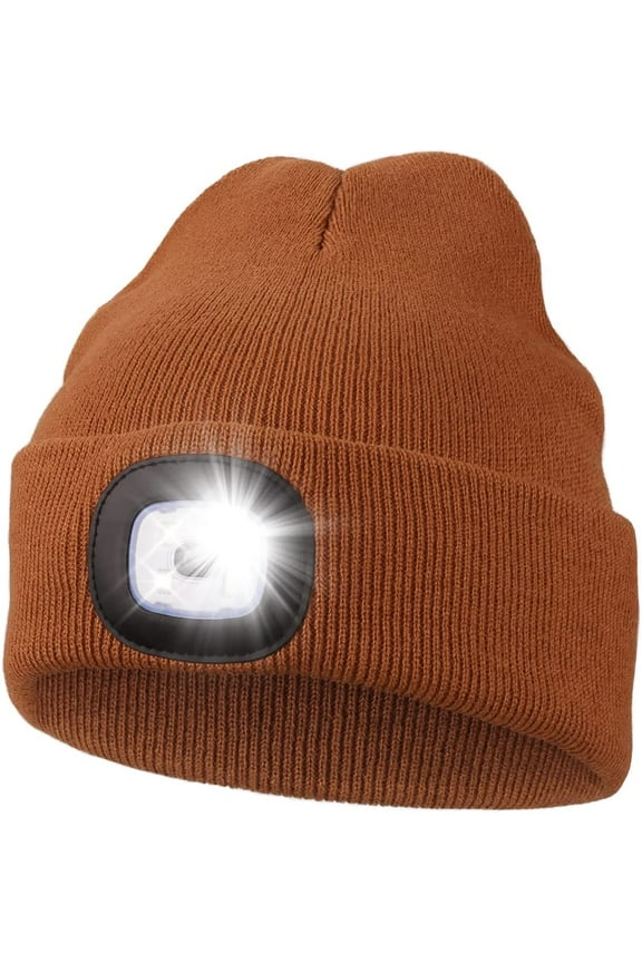 LED Beanie Hat with Light, Unisex USB Rechargeable Headlamp Cap Adjustable Brightness for Outdoor Sports Camping Hiking (Yellow Brown)
