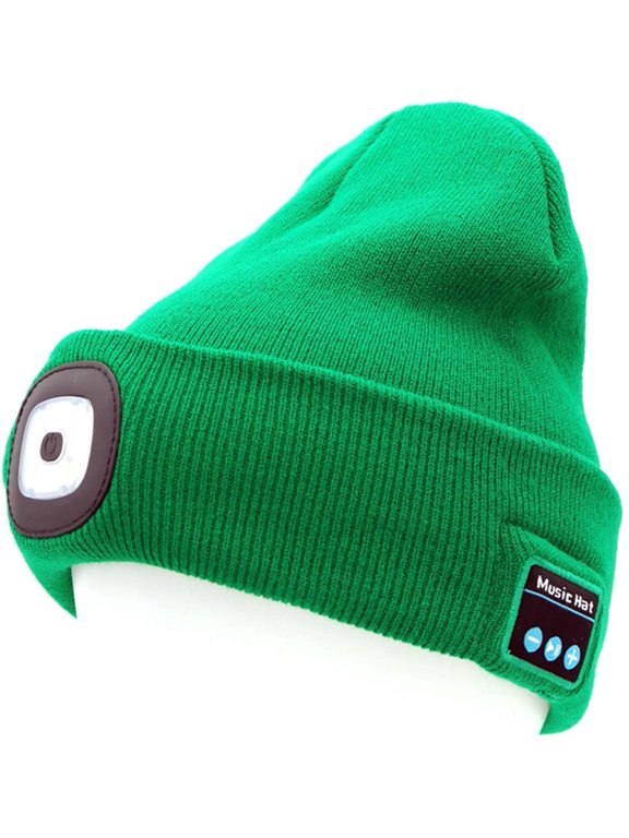 LED Beanie Light with Bluetooth Hat, Built-in Stereo Speakers & Mic, Bright Hands-Free Hat Light USB Rechargeable LED Flashlight Headlamp Winter Knit Cap for Men, Women (Dark Green 4LED)