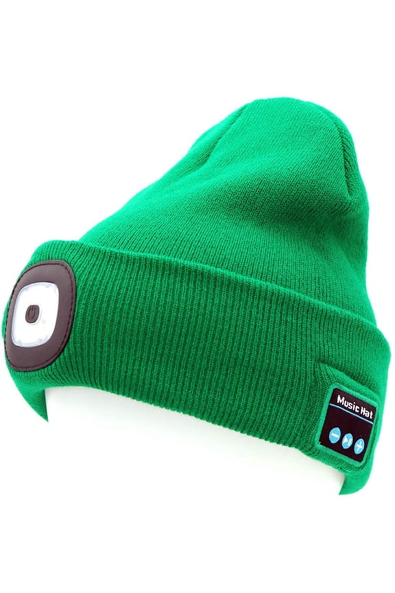 LED Beanie Light with Bluetooth Hat, Built-in Stereo Speakers & Mic, Bright Hands-Free Hat Light USB Rechargeable LED Flashlight Headlamp Winter Knit Cap for Men, Women (Dark Green 4LED)