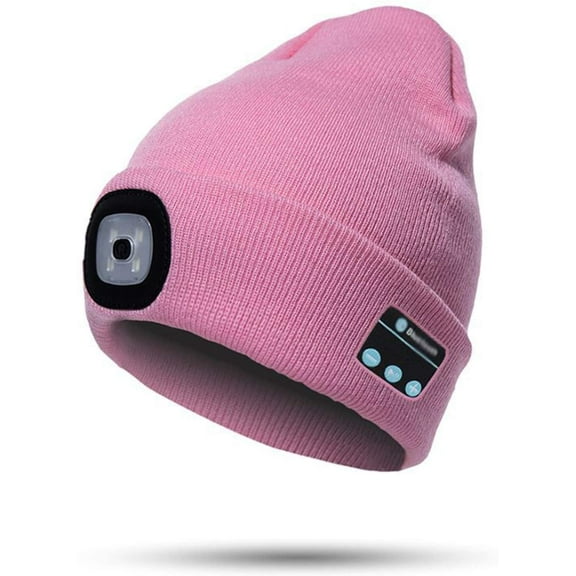 Morttic LED Beanie Light with Bluetooth Hat, Built-in Stereo Speakers & Mic, Bright Hands-Free Hat Light USB Rechargeable LED Flashlight Headlamp Winter Knit Cap for Men, Women (Pink 4LED)