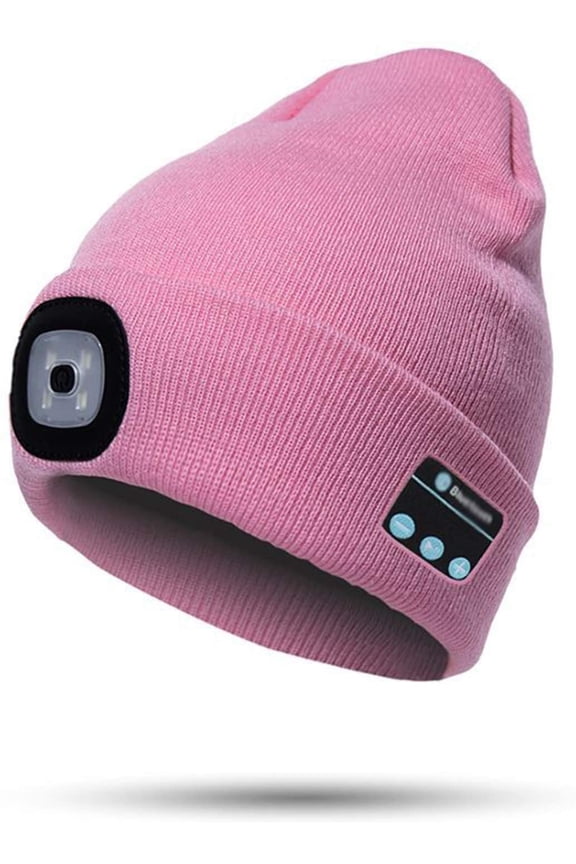 LED Beanie Light with Bluetooth Hat, Built-in Stereo Speakers & Mic, Bright Hands-Free Hat Light USB Rechargeable LED Flashlight Headlamp Winter Knit Cap for Men, Women (Pink 4LED)