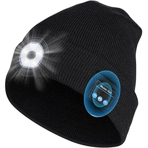 Morttic LED Beanie Light with Bluetooth Hat, Built-in Stereo Speakers & Mic, Bright Hands-Free Hat Light USB Rechargeable LED Flashlight Headlamp Winter Knit Cap for Men, Women (Black 5LED)