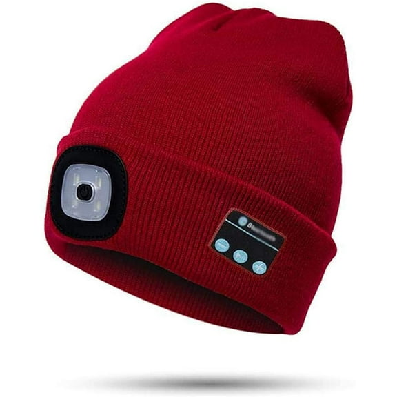 Morttic LED Beanie Light with Bluetooth Hat, Built-in Stereo Speakers & Mic, Bright Hands-Free Hat Light USB Rechargeable LED Flashlight Headlamp Winter Knit Cap for Men, Women (Red 4LED)