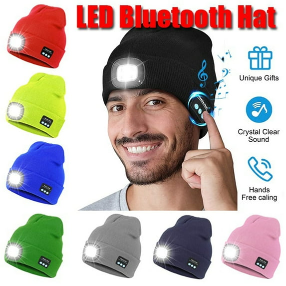 Morttic LED Headlamp Cap with Headphones and Built-in Speaker Mic, Unisex USB Rechargeable Bluetooth Beanie Hat with Light, Winter Knitted Music Hat (Black)